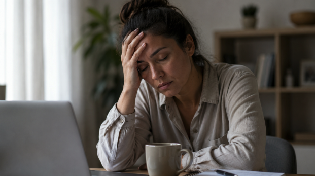 Woman experiencing fatigue while working at a laptop